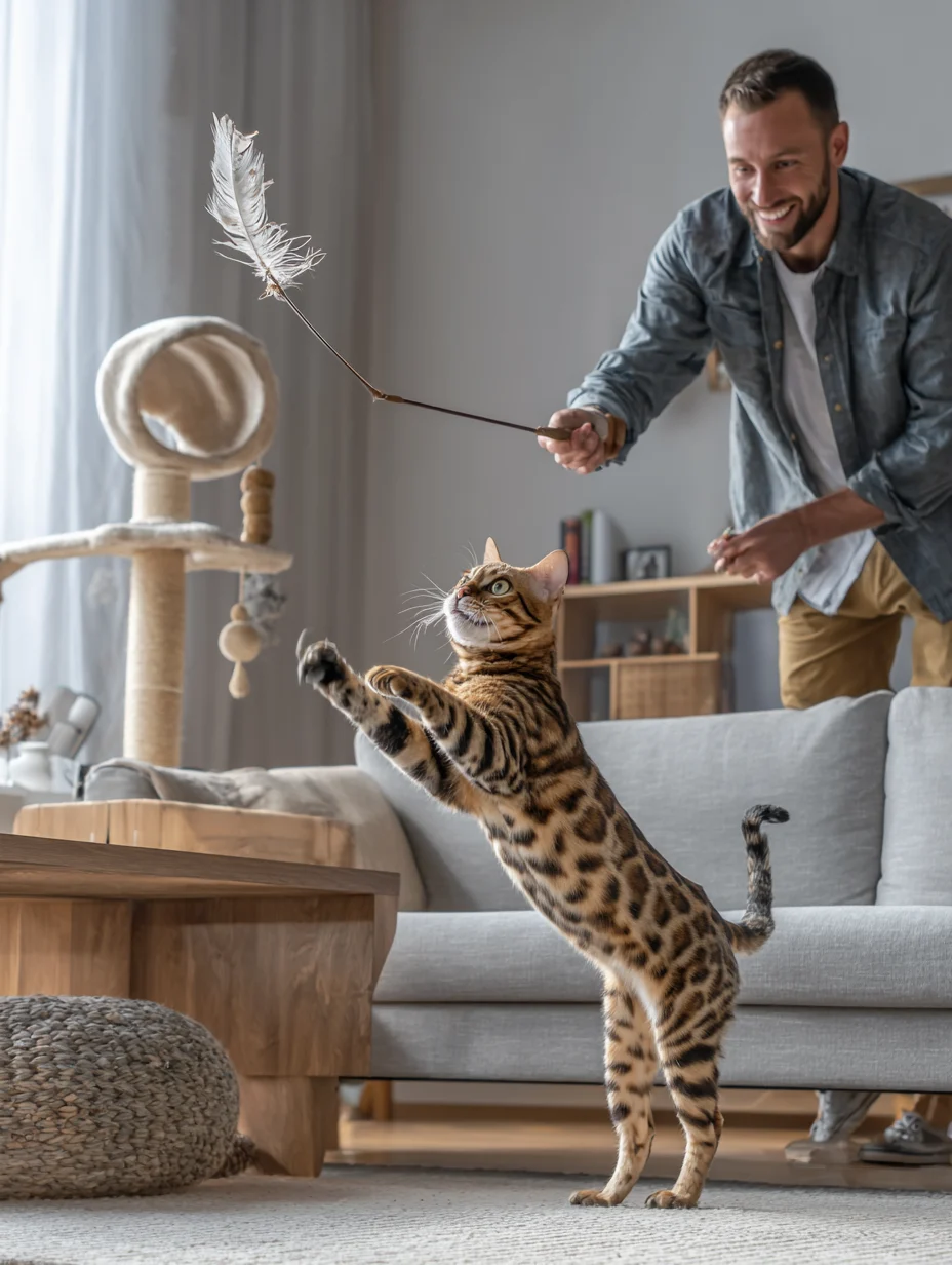 chat bengal appartement qui joue avec son maitre